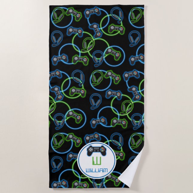 Video Game Neon Blue & Green Pattern Monogram Strandtuch (Vorderseite)