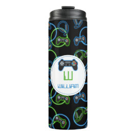 Video Game Neon Blue & Green Pattern Monogram Thermosbecher