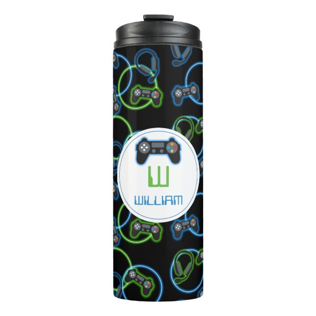 Video Game Neon Blue & Green Pattern Monogram Thermosbecher (Vorderseite)
