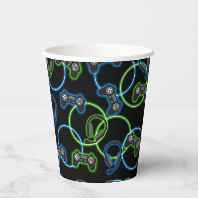 Video Game Neon Blue & Green Pattern  Pappbecher (Vorderseite)