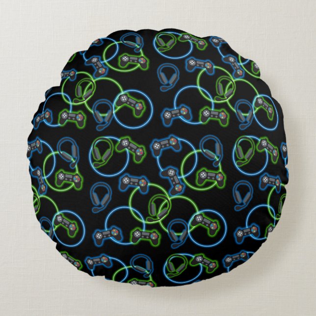 Video Game Neon Blue & Green Pattern  Rundes Kissen (Vorderseite)