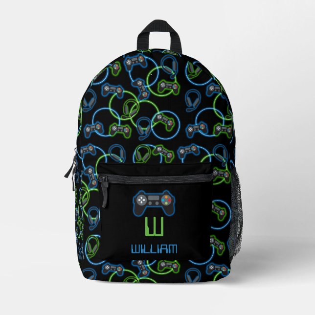 Video Game Neon Blue & Green Pattern School Bedruckter Rucksack (Vorderseite)