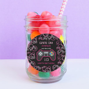 Video Game Neon Pink Girls Geburtstagsparty Runder Aufkleber