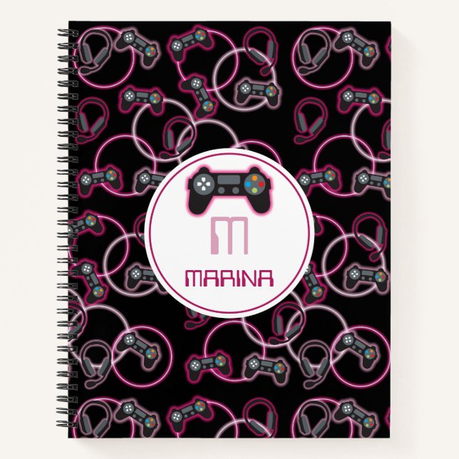 Video Game Neon Pink Girls Muster Monogram Notizbuch (Vorderseite)
