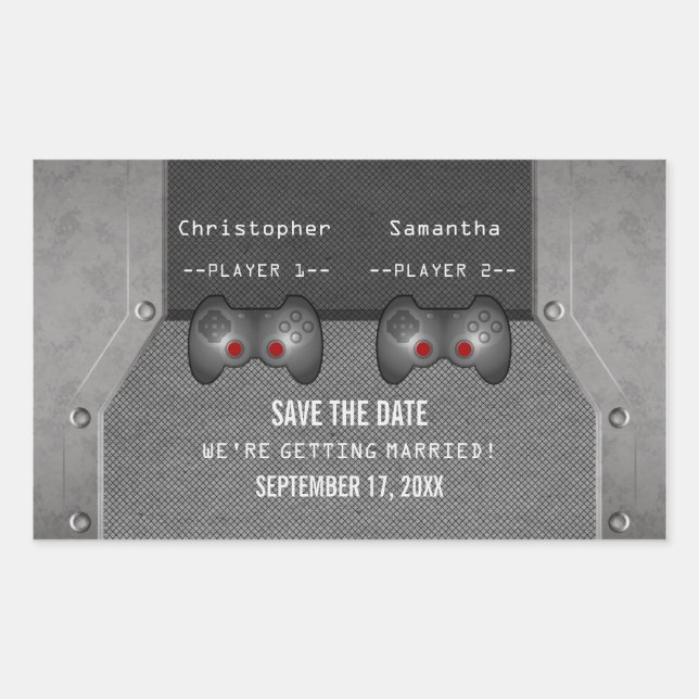 Video Game Save the Date Sticker, Grau Rechteckiger Aufkleber (Vorderseite)