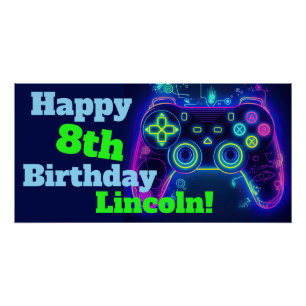Video Gamer Level Up Arcade Happy Birthday Party Poster