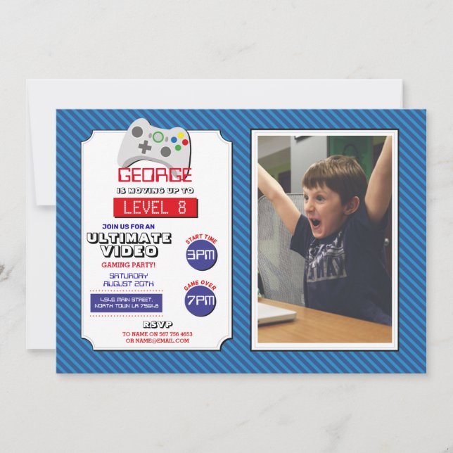 Video Gaming Party Game Blue Red Foto Gaming Einladung (Vorderseite)