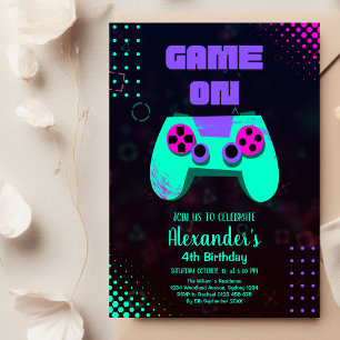 Video-Spiel-Geburtstagsfeier Neon-Game-On-Level-Up Einladung