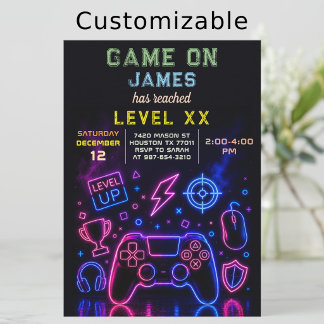 Video-Spiel-Geburtstagsfeier Neon Game On Level Up Einladung