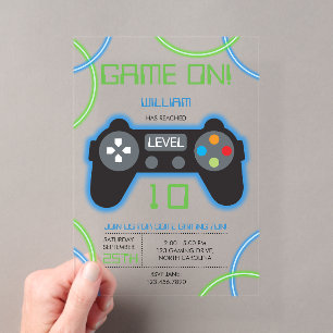 Video-Spiel Neon Blau und Grün Geburtstagsfeier Acryleinladungen