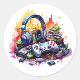 Videocontroller, Kopfhörer, Bücher - Tee Runder Aufkleber