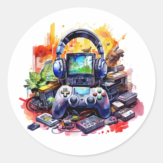 Videocontroller und Kopfhörer Runder Aufkleber (Vorderseite)