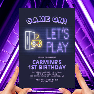 Videospiel auf Neon zum 1. Geburtstag Einladung