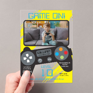 Videospiel Blau Gelb Cooler Junge Foto Geburtstag Acryleinladungen