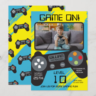 Videospiel Blau Gelb Cooler Jungen Foto Geburtstag Einladung