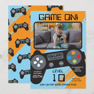 Videospiel Blau Orange Cooler Junge Foto Geburtsta Einladung