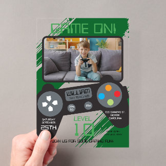 Videospiel Grün Cooler Junge Foto Geburtstagsfeier Acryleinladungen