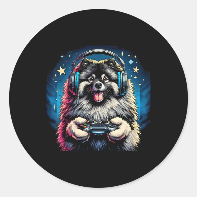 Videospiel Keeshond Dog Gaming Runder Aufkleber (Vorderseite)