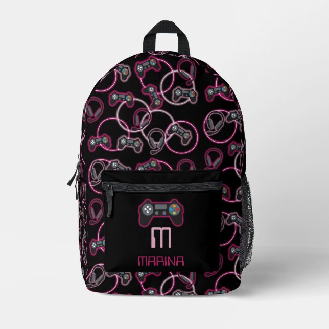Videospiel Neon Pink Girls Muster Monogram School Bedruckter Rucksack (Vorderseite)