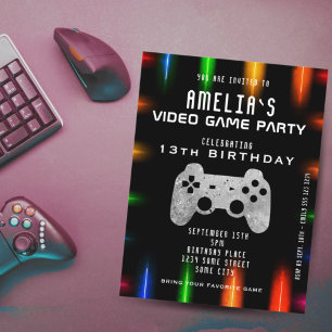 Videospiel-Party-Controller Neon-Gaming-Geburtstag Einladung