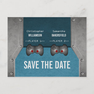 Videospiel Save the Date Postkarte, blau Ankündigungspostkarte