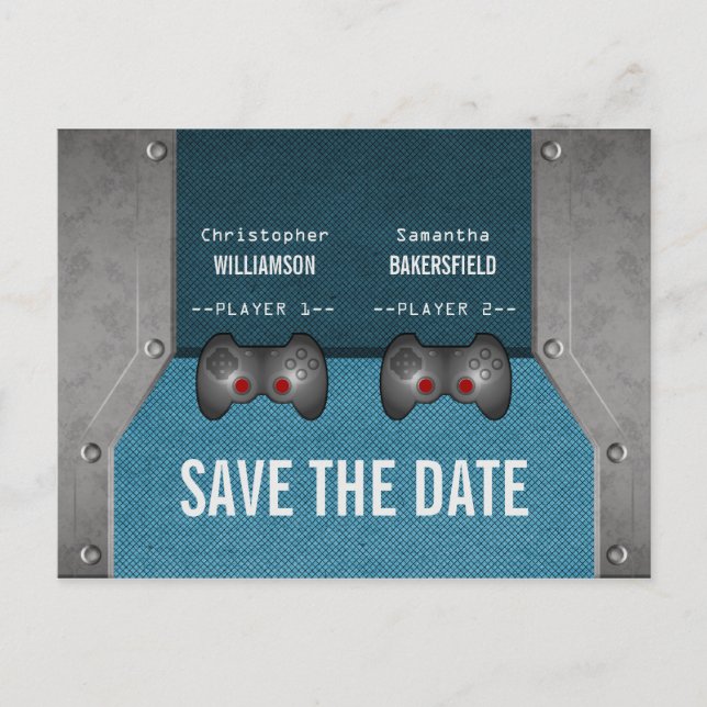 Videospiel Save the Date Postkarte, blau Ankündigungspostkarte (Vorderseite)