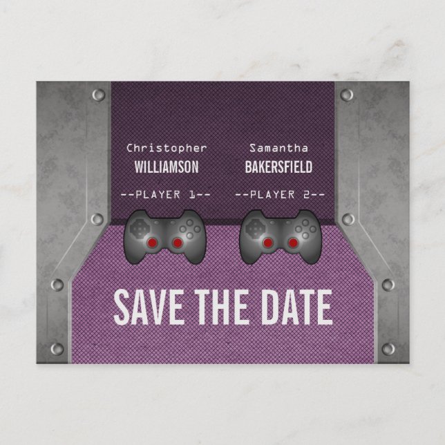 Videospiel Save the Date Postkarte, Lila Ankündigungspostkarte (Vorderseite)