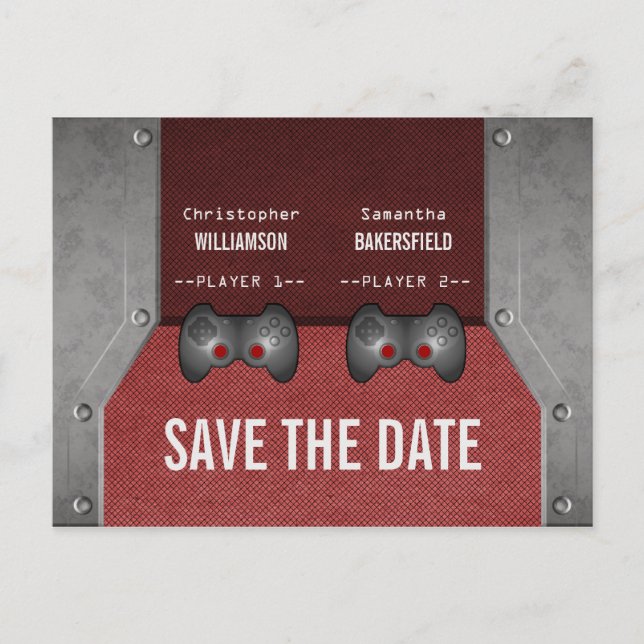 Videospiel Save the Date Postkarte, Maroon Ankündigungspostkarte (Vorderseite)