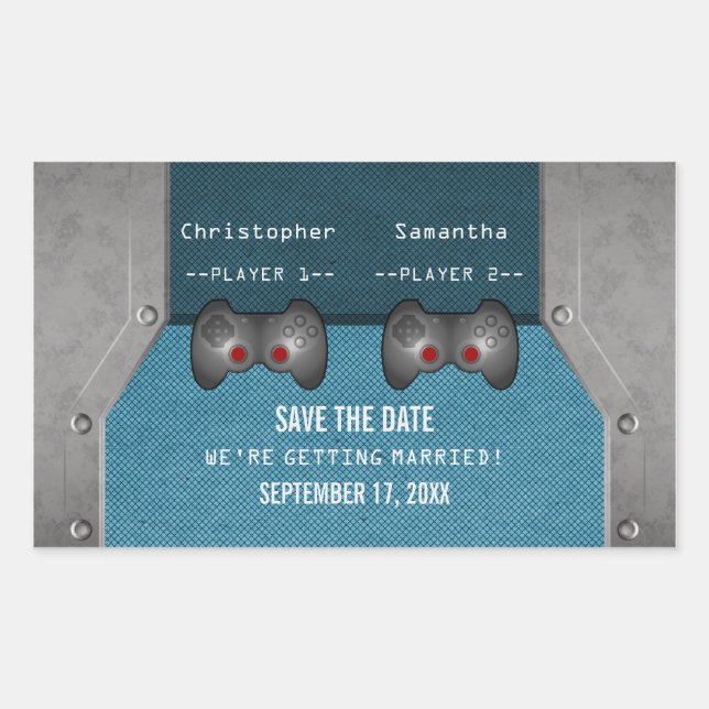 Videospiel Save the Date Sticker, Blau Rechteckiger Aufkleber (Vorderseite)
