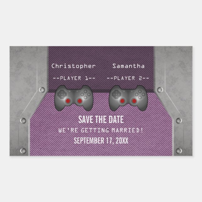 Videospiel Save the Date Sticker, Lila Rechteckiger Aufkleber (Vorderseite)