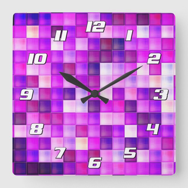 Videospielpixel rosa Quadrat Muster mit Zahlen Quadratische Wanduhr (Vorderseite)