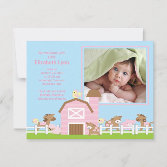 Vieh-Baby-Mädchen-Geburts-Foto-Mitteilung Einladung (Vorderseite)
