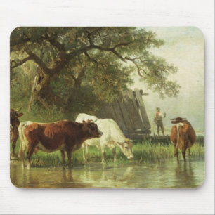 Vieh, das in einer Fluss-Landschaft wässert Mousepad