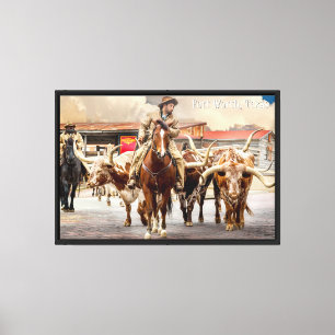 Viehhaufen, Langhirne und Cowboys, Fort Worth, TX Leinwanddruck