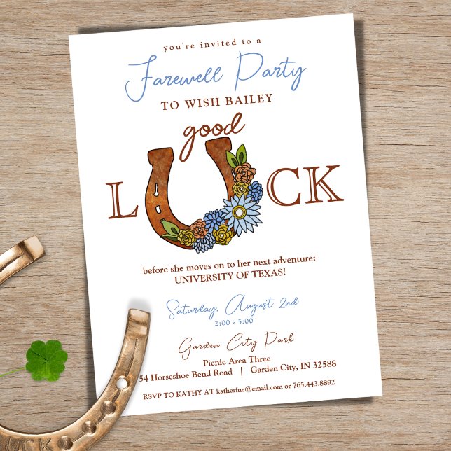 Viel Glück Floral Horseshoe Farewell Party Einladung (Horseshoe Good Luck Going Away Party Invitation)