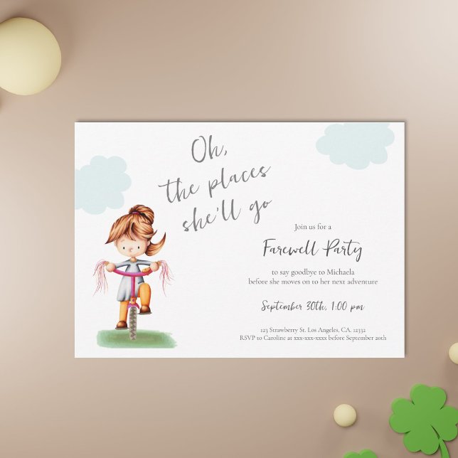 Viel Glück Girl Riding Bike Farewell Party Einladung (Farewell graduation invitation with a girl riding a bicycle illustration)