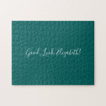 Viel Glück Individuelle Name Script auf Solid Aqua Puzzle<br><div class="desc">Das aquamarine Puzzle in Solid beinhaltet "Viel Glück,  [NAME]" in einem Schriftart mit weißem Skript in der Mitte. Personalisieren Sie den lustigen Text in der Sidebar. Das ist ein großartiges Geschenk für jemanden,  der eine schwierige Aufgabe Liebe hat. Copyright ©Claire E. Skinner. Alle Rechte vorbehalten.</div>