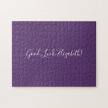 Viel Glück Individuelle Name Script auf Solid Lila Puzzle<br><div class="desc">Das lila Puzzle in Solid beinhaltet "Viel Glück,  [NAME]" in einem Schriftart mit weißem Skript in der Mitte. Personalisieren Sie den lustigen Text in der Sidebar. Das ist ein großartiges Geschenk für jemanden,  der eine schwierige Aufgabe Liebe hat. Copyright ©Claire E. Skinner. Alle Rechte vorbehalten.</div>