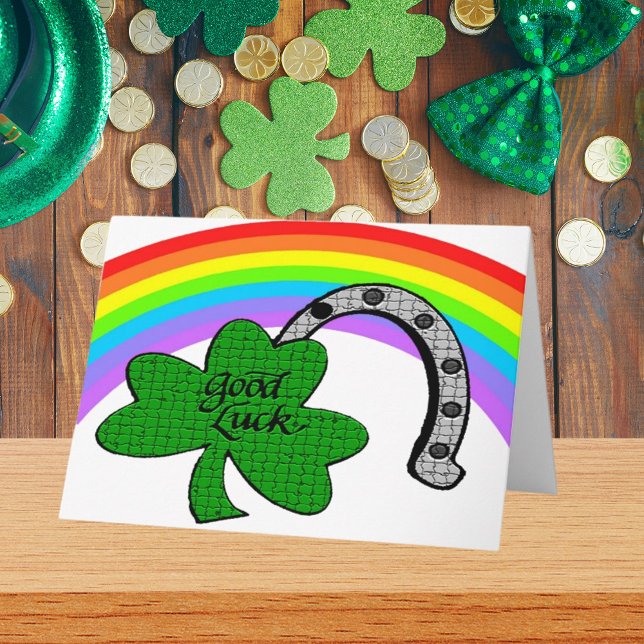 Viel Glück Kleeblatt, Regenbogen und Hufeisen Karte (Good Luck Shamrock, Rainbow and Horseshoe Card)