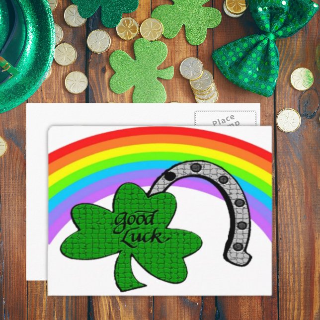 Viel Glück Kleeblatt, Regenbogen und Hufeisen Postkarte (Good Luck Shamrock, Rainbow and Horseshoe Postcard)