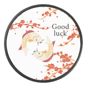 Viel Glück Koi Fisch mit Sakura Elegant Japanisc Eishockey Puck