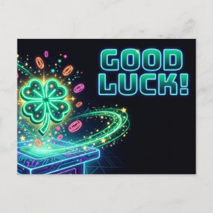 "VIEL GLÜCK!" Neon-Arcade mit Vierblattklee Postkarte
