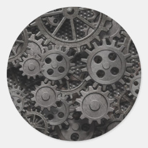 Viele alte rostige Metallgewerke oder Maschinentei Runder Aufkleber