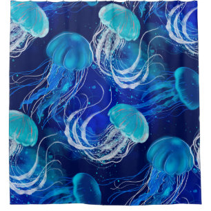 Viele blaue Quallen schwimmen unter Wasser. Seamle Duschvorhang