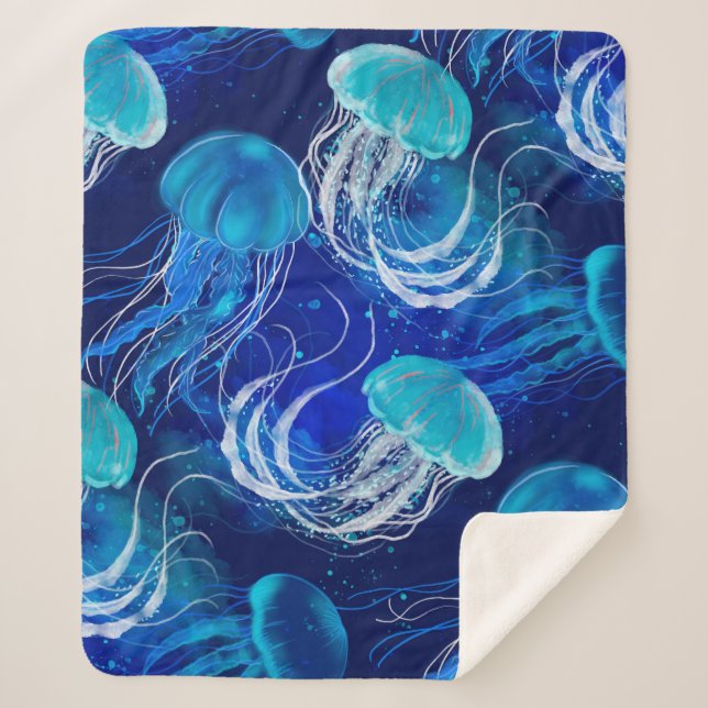 Viele blaue Quallen schwimmen unter Wasser. Seamle Sherpadecke (Vorderseite)