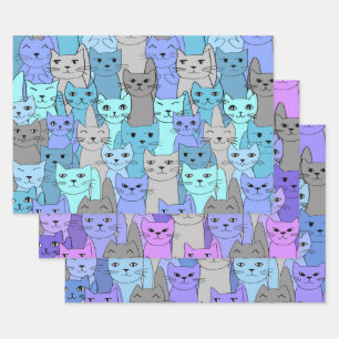 Viele blaue und Lila Katzen Geschenkpapier Set