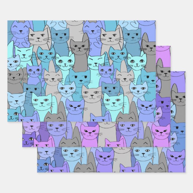 Viele blaue und Lila Katzen Geschenkpapier Set (Set)
