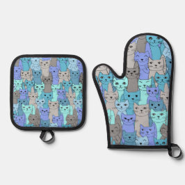 Viele Blue Cats Design Ofenhandschuh & Topflappen-Set