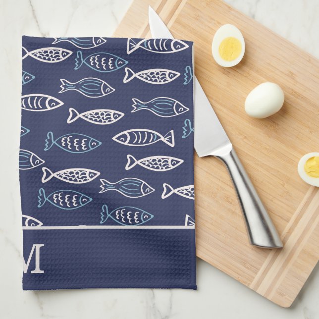 Viele Fish Pattern Blue Monogram Geschirrtuch (Viertel Falte)
