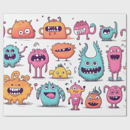Viele freundliche, farbenfrohe Monster auf Weiß Geschenkpapier